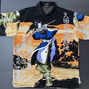 Vintage Anime Samurai Graphic Shirt DTEK Sport Mens L Black Button Up AOP Y2K